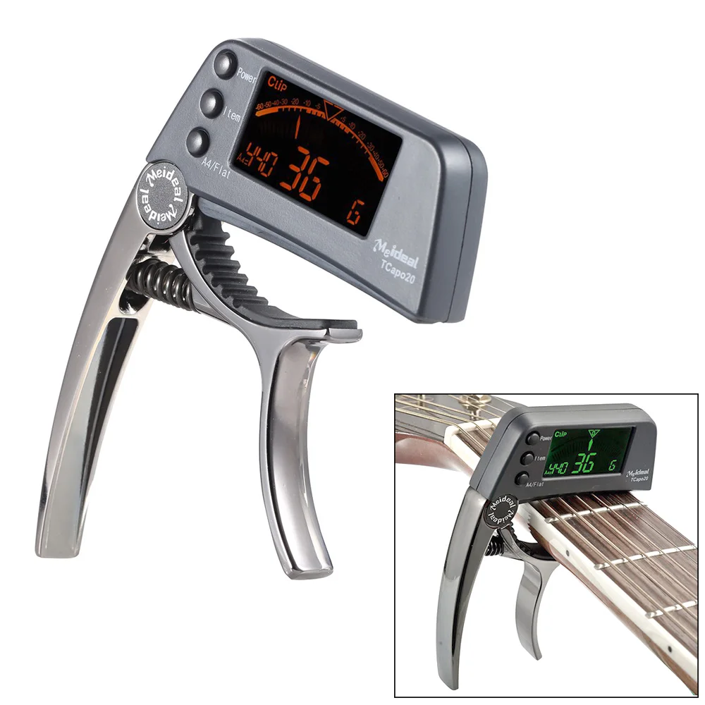 TCapo20 Multifunktionaler 2-in-1-Gitarren-Capo-Tuner aus Aluminiumlegierung mit LCD-Bildschirm für normale akustische Folk-E-Gitarre, Chromat Image