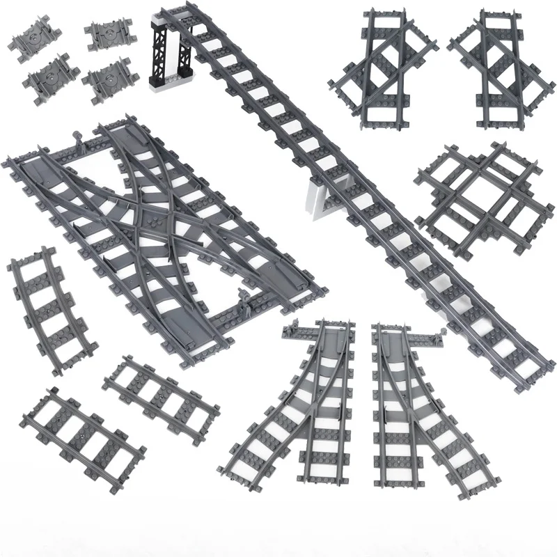 Stadt Züge DIY Bausteine Gerade Gebogene Schiene Ziegel Teile Brücke Tunnel Modell Weiche Flexible Kreuz Gleise Eisenbahn MOC Spielzeug Image