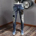 Streetwear Fashion Männer Jeans Retro Blau Stretch Slim Fit Zerrissene Jeans Männer Punk Hosen