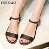 FOREADA Frauen Schuhe Sommer Sandalen Natürliche Echte Leder Schnalle Flache Schuhe Kristall Offene spitze Sandalen Damen Gold Große Größe 33-46