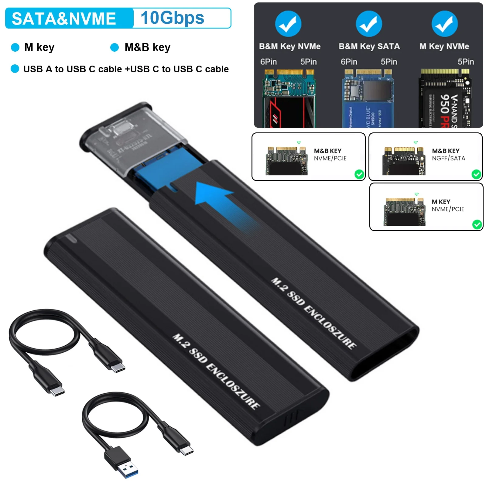 10gbps m2 ssd fall nvme sata dual protokoll m.2 zu usb typ c 3,1 ssd adapter für nvme pcie ngff sata ssd disk box mit cc ac Image