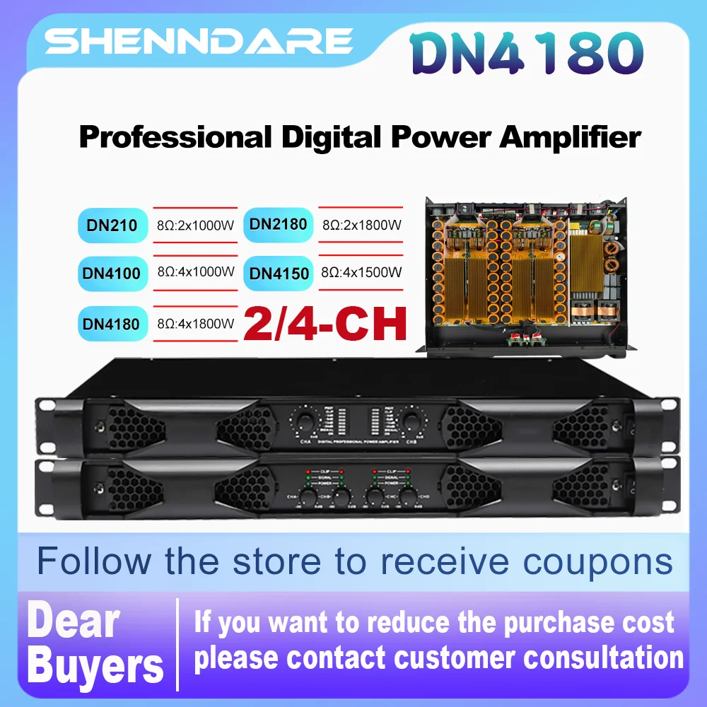 Professioneller digitaler Leistungsverstärker 4x1800W Klasse D Stereo Audio DJ Pre-Subwoofer Leistungsverstärker 1U 2/4 Kanal Line Array Lautsprecher Soundverstärker Home KTV Bühne Outdoor Performance Image