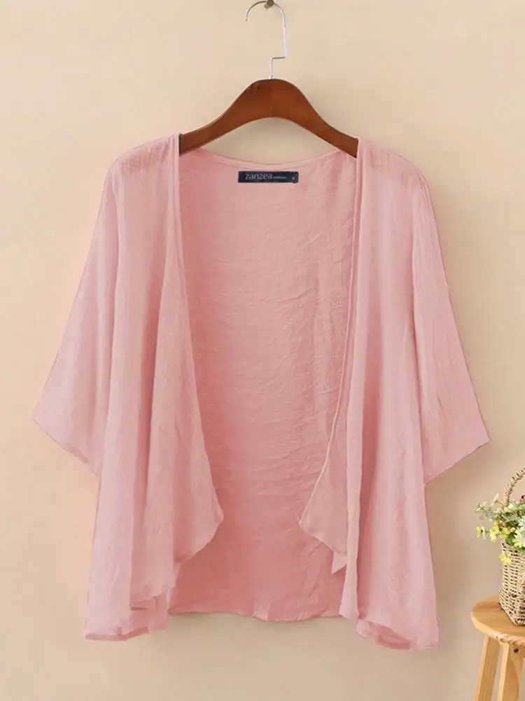 2023ZANZEA Sommer Mode Strickjacke Frauen 3/4 Ärmel Solide Bluse Casual Urlaub Strand Urlaub Kimonos Vorne Offen Hemd Blusas Image