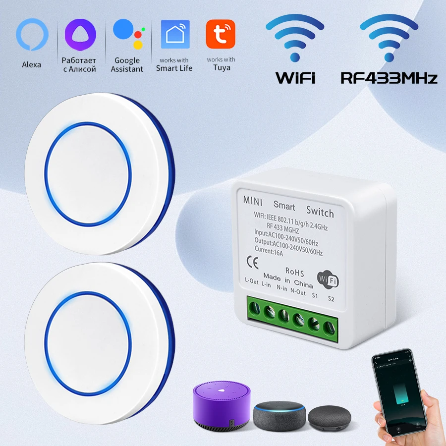 16A Tuya Smart WiFi Schalter RF 433 MHz Drahtlose Runde Taste Licht Schalter Relais Controller Sprachsteuerung mit Alexa Google hause Image