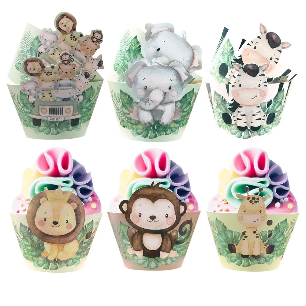 16 Stück Karton Tier Kuchen Wrapper Papier Cupcake Dekor für Kinder Dschungel Safari Wildtier Geburtstag Party Dekorationen DIY Geschenke Image