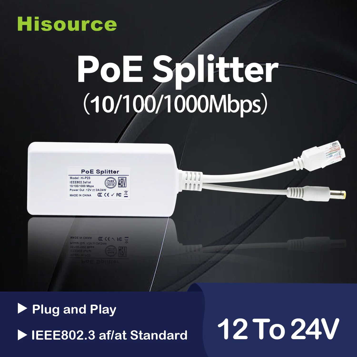 Hisource 48v-12v 1000/100mbps poe splitter unterstützung ieee802.3af/at für ip kamera extander und Image