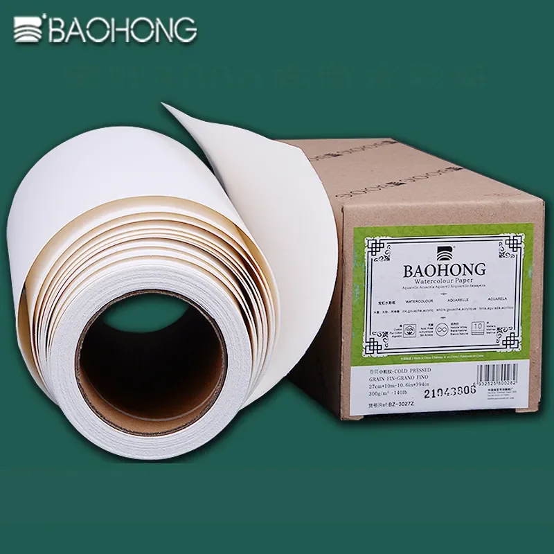 BAOHONG Aquarellpapierrolle, 300 g, natürliches Weiß, 100 % Baumwolle, 10,6/14,6 Zoll x 394 Zoll (27/37 cm x 10 m), professionelles Papier, Kaltpresse, rau