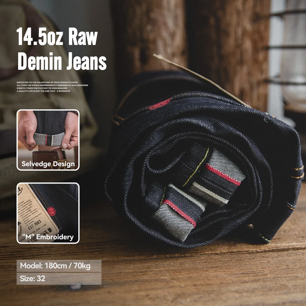 Maden Vintage 14,5 Unzen Selvedge Raw Denim Jeans mit YKK-Reißverschluss Fly Stickerei Straight Jeans Klassische einfarbige Herrenhose Image