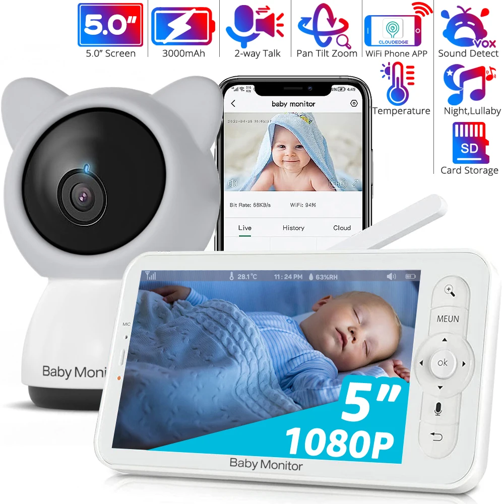 WiFi-Babyphone mit APP, 5-Zoll-720P-Display, 1080p-Kamera, HD-Nachtsicht, ferngesteuerter Schwenk-Neige-Zoom, 2-Wege-Sprechfunktion, kostenlose Smartphone-App, 3000-mAh-Akku, 1000 Fuß Image