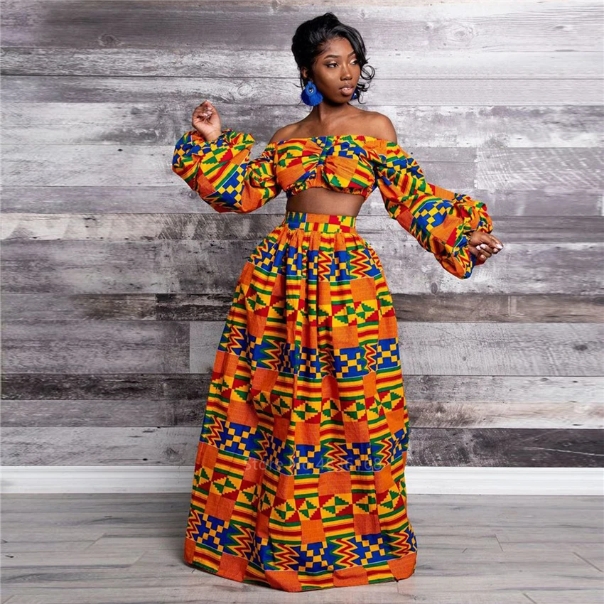 Afrikanische Kleidung mit Nationalprint, 2-teiliges Set für Damen, sexy Oberteil mit schrägem Ausschnitt und langen Ärmeln + Maxirock mit hohem Schlitz, sommerlicher Freizeitanzug für Damen Image