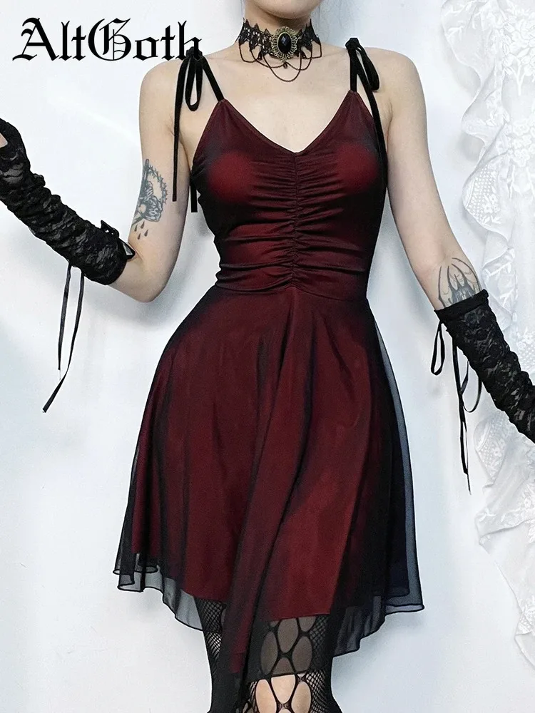 AltGoth Nachtclub Sexy Rotes Kleid Frauen Dark Gothic Streetwear Spaghetti Strap Hohe Taille Unregelmäßigen Saum Kleid Y2k E-mädchen Outfits