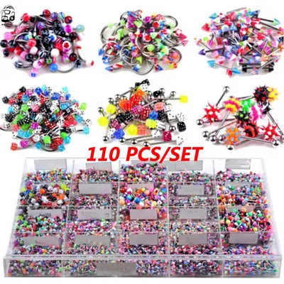 110 stücke Mixed Styles Augenbrauen Nabel Bauch Lip Zunge Nase Piercing Bar Ring Labret Barbell