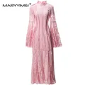Maryyimei schwarz/weiß/rosa Mode Damen kleid Flare Ärmel Spitze Stickerei Streifen schlanke elegante