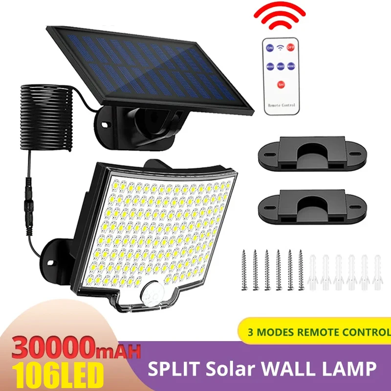 106 LED geteilte Solarlampe, 3 Beleuchtungsmodi, Außendekoration, Sonnenlicht, Wandleuchte, PIR-Bewegungsmelder, wasserdicht, für Garten, Garage