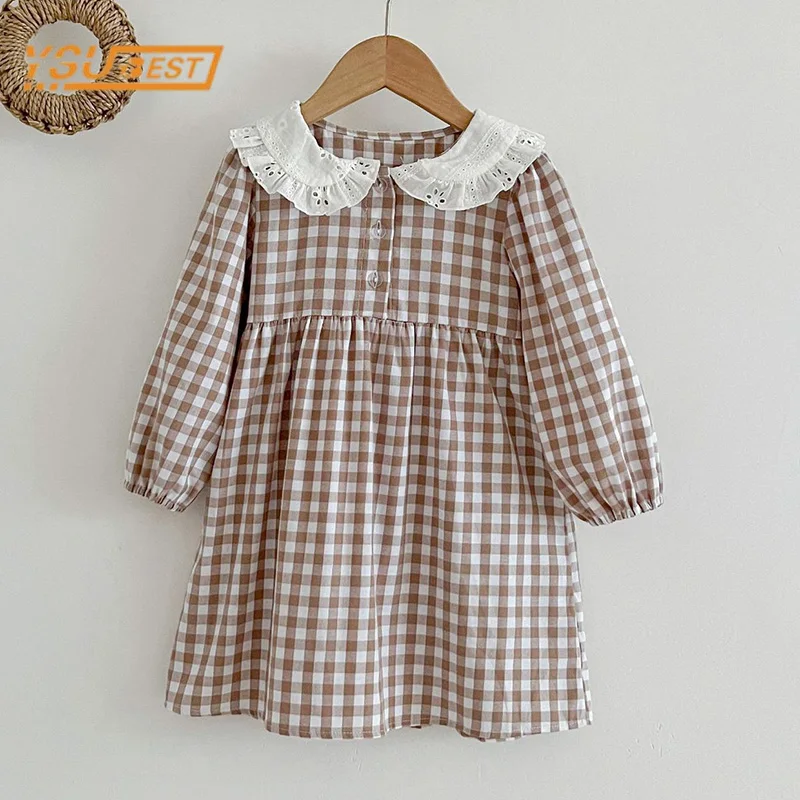 Frühling Herbst Kinder Baby Mädchen Langarm Süße Puppe Kragen Plaid Prinzessin Kleid Kinder Baby Mädchen Kleid Kinder Kleidung Kleid Image