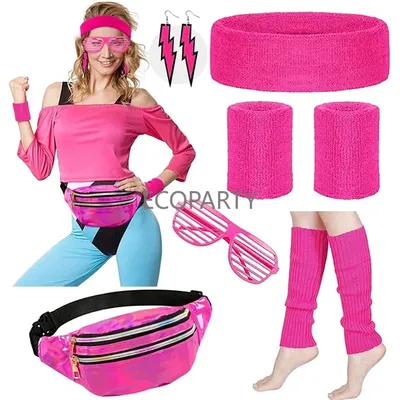 2023 80er Jahre Workout Kostüm Zubehör Set für Frauen Sport Gürtel tasche Neon Stirnband Handgelenks Image
