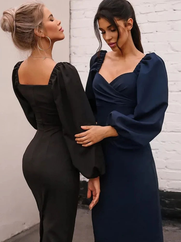 Sister linda Retro solide figur betonte Kleid Frauen Puff ärmel sexy Mitte der Wade Kleider Dame Kleidung Party Nachtclub schlanke Vestidos 2021