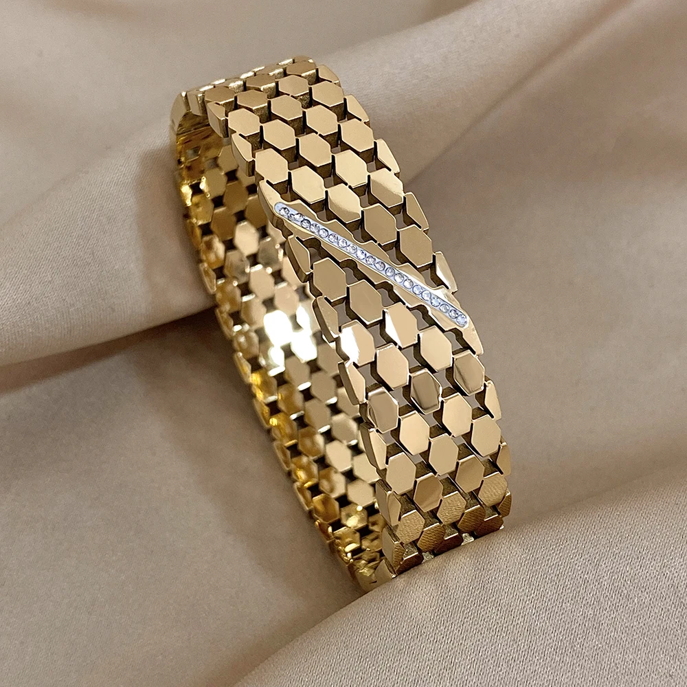 Greatera Chunky Intarsien Strass Geometrische Breite Edelstahl Armreifen Armbänder für Frauen Gold Farbe Charme Wasserdicht Schmuck Image