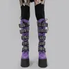 Damen Lila Mode Spitze up Knie Hohe Ferse Plattform Stiefel Gothic Metall Dekorative frauen Stiefel Zipper Keil Ferse Boot größe 42