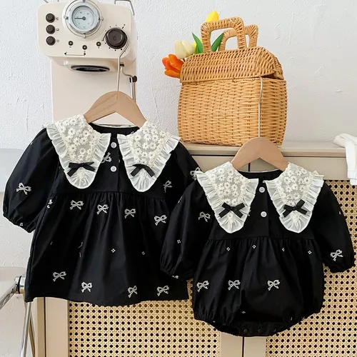 2024 Schwester Kleidung Baby Mädchen Kleid Bodysuit Bogen Herbst Schwester Kleid Puppe Kragen Spitze