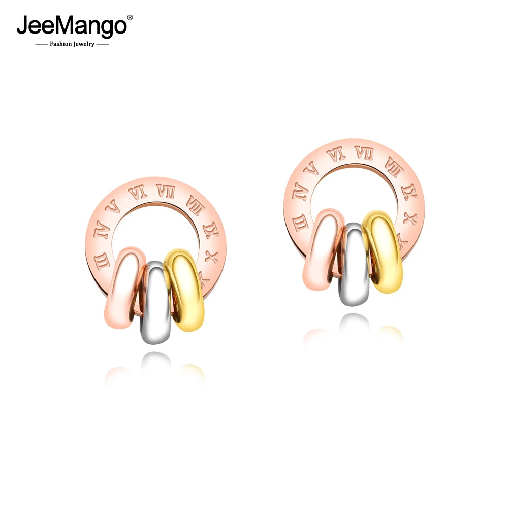JeeMango Drei-farbe Kreis Römischen Ziffern Kreis Ohrringe Für Frauen Titan Stahl Rose Gold Farbe Weibliche Stud Ohrringe JE17091 Image