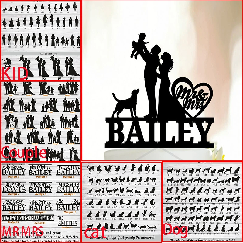 Personalisierter Hochzeitstorte-Topper, Hochzeitstorte-Topper, individueller Name, Familien-Kuchenaufsatz mit Hund, Kinder, Baby, Katze Image