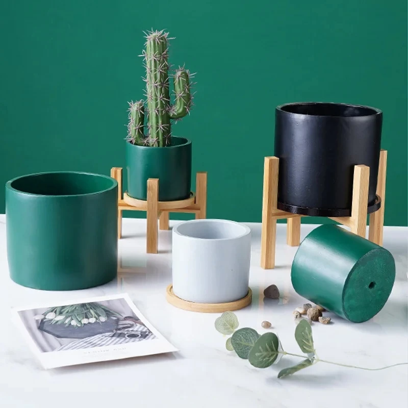 Blumen ständer aus Bambus und Holz mit vier Ecken, Blumentopf halterung im Innen-und Außenbereich, super schwer, langlebig, stabil Image