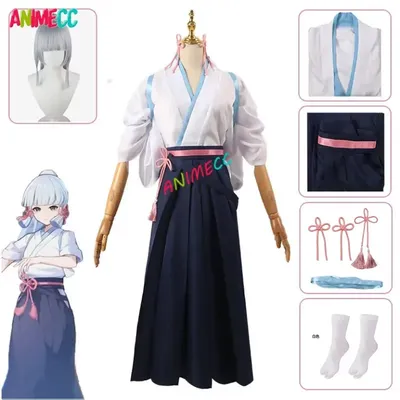 ANIMECC Genshin Impact Ayaka Kamisato Cosplay Kimono Rolle Cosplay Kostüm Perücke Frau Kendo Kleidung Halloween Kostüme für Frauen Image