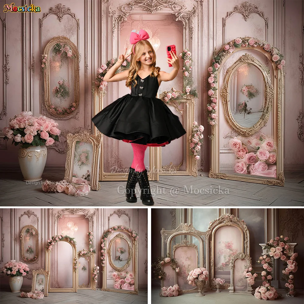 Verträumte rosa Mädchen Boudoir Hintergrund Fotografie goldenen Rahmen Retro Wand Hintergrund Blumen Dekor Palast Kinder Kuchen zerschlagen Studio Image
