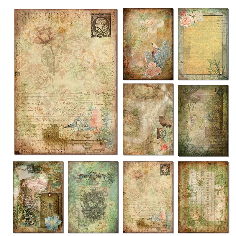 8 Stück Retro beschädigt Muster Lackmus Papier Sammelalbum Pads Blume Vintage Reis Papiere für Scrap booking DIY Junk Journal Dekoration c Image