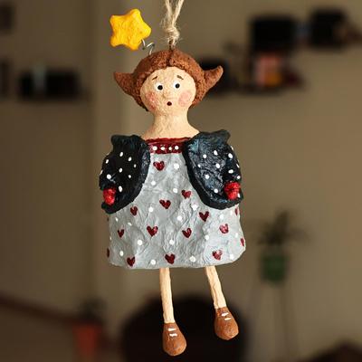 'Painted Wish Star and Heart-Themed Papier Mache Ornament'