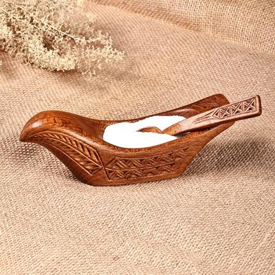 'Wood Bird Condiment Dish with Spoon Hand-Carved i...