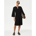 M&S Womens Linen Rich Tie Neck Knee Length Shift Dress - 6SHT - Black, Black,White