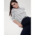 M&S Womens Pure Cotton Striped Slash Neck Slim Fit Top - 6 - White Mix, White Mix,Red Mix