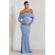 Pretty Perfect | Powder Blue Maternity Ruched Mesh Bardot Maxi Dress