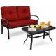 2PCS Outdoor Conversation Set Patio Loveseat Bench &Coffee Table Soft Cushion