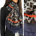 Womens Grey Navy Blue Leopard Print Scarf, Colour Block Multi Scarf Shawl Wrap, Long Large Ladies Gift For Her, Animal, Vintage