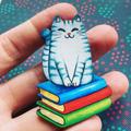 Cat Sitting On Books. Brooch. Super Cute Wooden Brooch, Secret Santa Gift