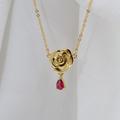 Rose Flower Charm Necklace With Red Teardrop, Gold Plated Dangle Necklace, Gift For Girlfriend Jewellery