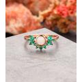 Vintage Opal Engagement Ring, Stacking Emerald Wedding Round Cut 5mm Bridal Ring, Solid 14K Rose Gold Anniversary Ring, Dainty Ring