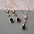 Rose Gold Emerald Bridal Necklace & Earring Set Green Earrings Wedding Crystal Teardrop Jewelry Necklace