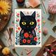 Black Cat Floral Greetings Card - Birthday Thank You Card For Her Him General Flowers