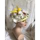 Vintage 1960's Hat Off White Flowers Yellow Velvet Bow