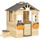 Kids Wooden Playhouse, Outdoor Garden Toys with Door, Bench, Flowerpot