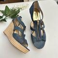 Michael Kors Shoes | Michael Kors Damita Blue Jean Zip Canvas Espadrille High Wedge Sandals 9.5m | Color: Blue/Gold | Size: 9.5