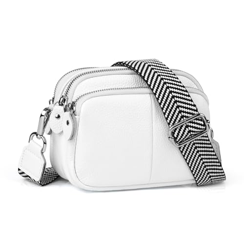 befen Genuine Leather Ladies Cross-Body Bag Over the Shoulder Bag Women White Camera Handbag Crossbody Mobile Phone Bag Purse with Multiple Pockets-White