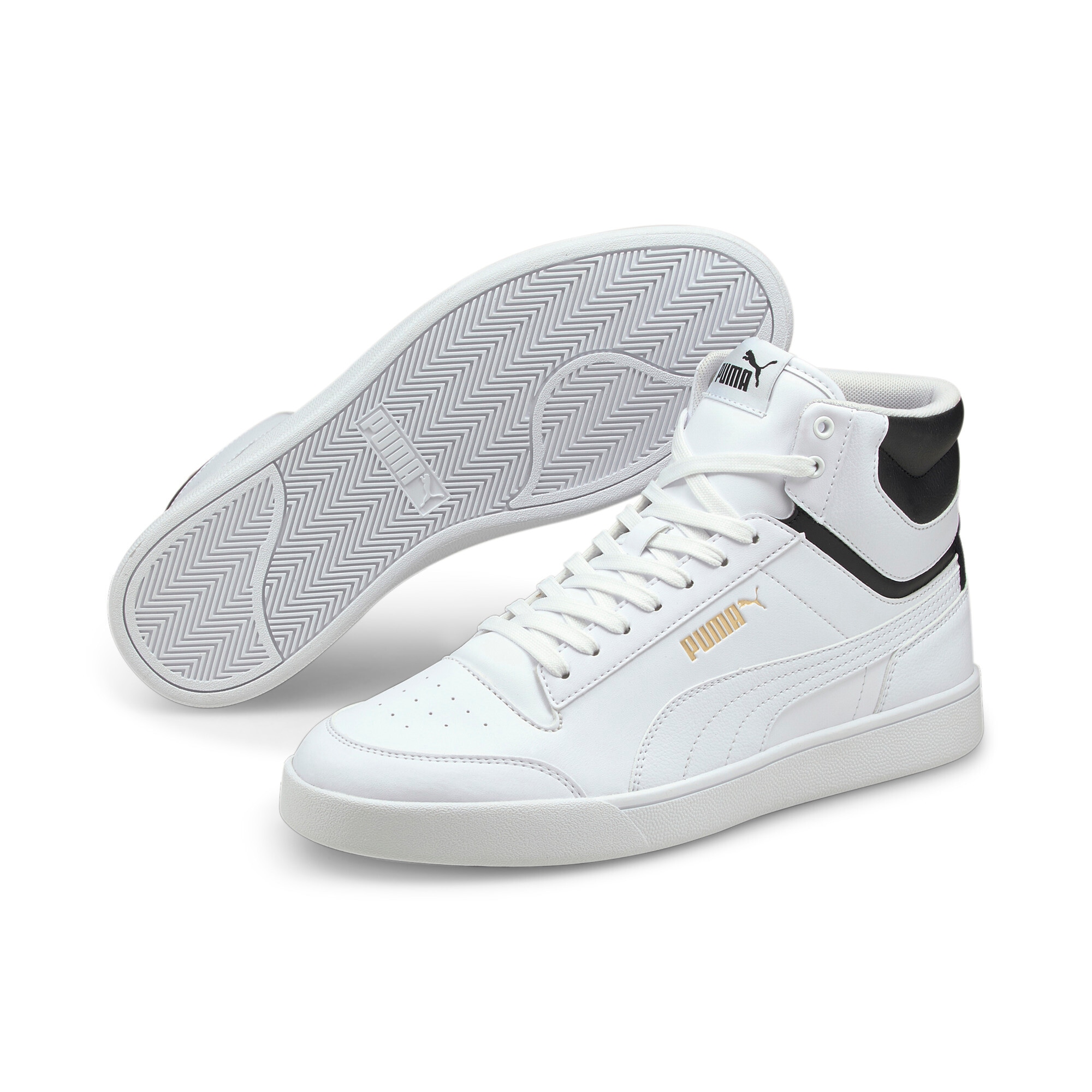 Sneaker PUMA "SHUFFLE MID", Damen, Gr. 38, weiß (puma weiß, puma weiß, puma schwarz, puma team gold), Synthetik, kontrastfarbene Details, unifarben, Schuhe Sneaker