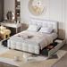 Queen Size Upholstered Platform Bed with LED Frame, 4 Drawers, and Elegant Lattice Headboard - Linen Fabric, Beige/Grey