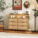 6 Drawer Dresser for Bedroom, Rattan Dressers & Chest of Drawers, 43.31" Dressers Wooden Storage with LED Lights & Power Outlet