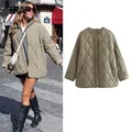 TRAF Quilted Jacket For Women 2023 Autumn Winter Long Sleeve O-Neck Outerwear Elegant Luxury